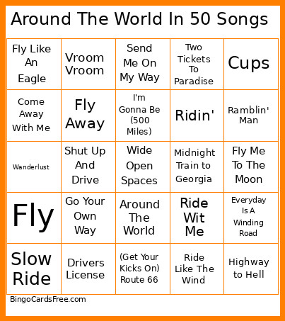 Around The World In 50 Songs Bingo Card