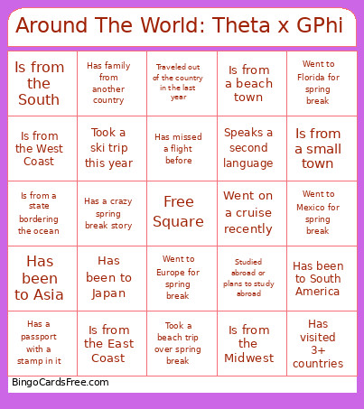 Around The World: Theta X GPhi Bingo Card