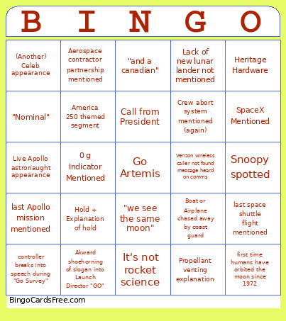 Artemis Bingo Card
