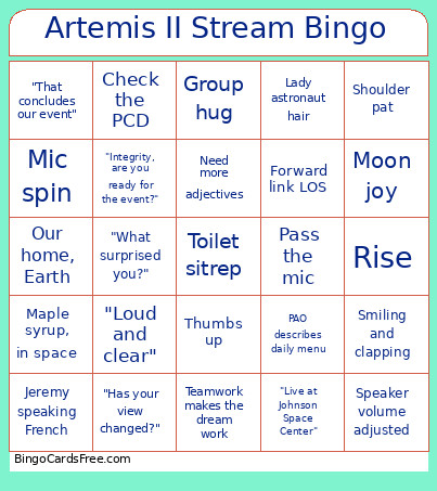 Artemis II Stream Bingo Card