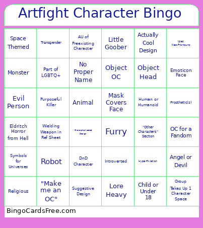 Artfight Character Traits Bingo Card