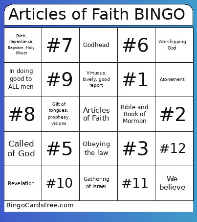 Articles Of Faith Bingo Card