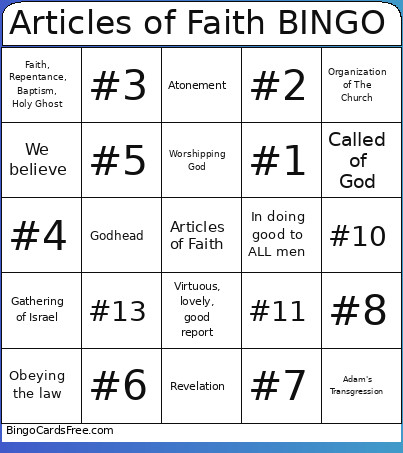 Articles Of Faith Bingo Card