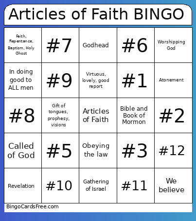 Articles Of Faith Bingo Card