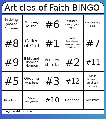 Articles Of Faith Bingo Card