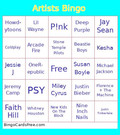 Card Name Bingo Free Pdf Printable Game, Title: Artists Bingo