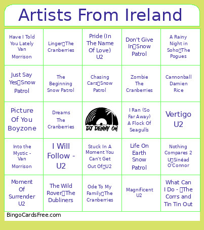 Artists From Ireland Bingo Card