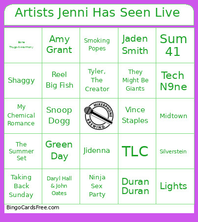 Artists Jenni Has Seen Live Bingo Card