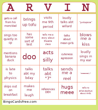 Arvin Huang Is A Silly Pie Bingo Card