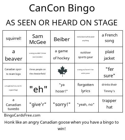 CanCon Bingo Cards Free Pdf Printable Game, Title: AS SEEN OR HEARD ON STAGE