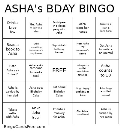 Asha's Birthday Bingo Card