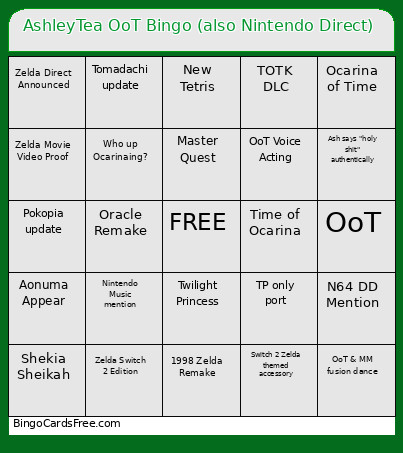 AshleyTea OoT (also Nintendo Direct) Bingo Card