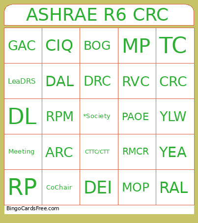 ASHRAE R6 CRC Bingo Card