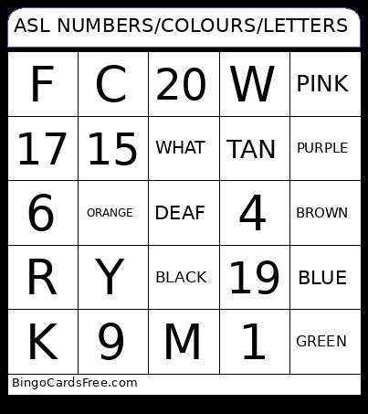 ASL NUMBERS/COLOURS/LETTERS Bingo Card
