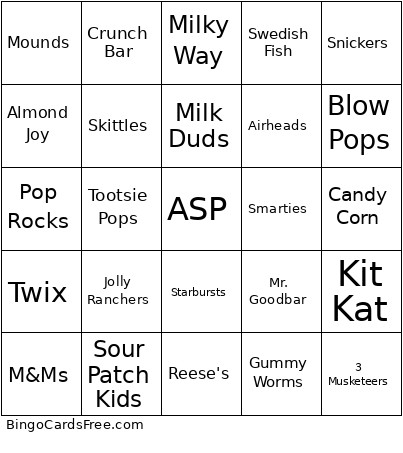 ASP Halloween Candy Bingo Card