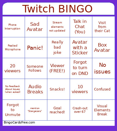 Astra General Stream Bingo Card