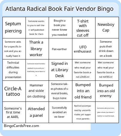 Atlanta Radical Book Fair Vendor Bingo Cards Free Pdf Printable Game, Title: Atlanta Radical Book Fair Vendor Bingo