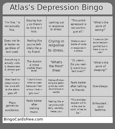 Atlas's Mental Health Bingo #1 Cards Free Pdf Printable Game, Title: Atlas's Depression Bingo