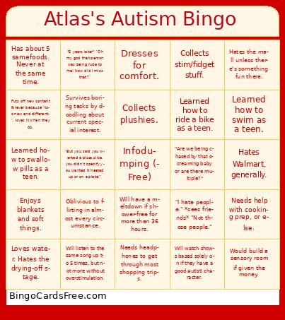 Atlas's Mental Health Bingo #6 Cards Free Pdf Printable Game, Title: Atlas's Autism Bingo