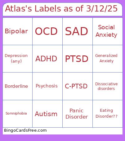 Atlas's Wednesday Appointment Bingo Cards Free Pdf Printable Game, Title: Atlas's Labels as of 3/12/25