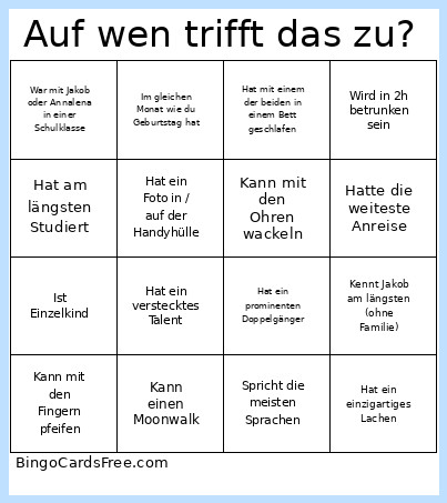 Auf Wen Trifft Das Zu? Bingo Card
