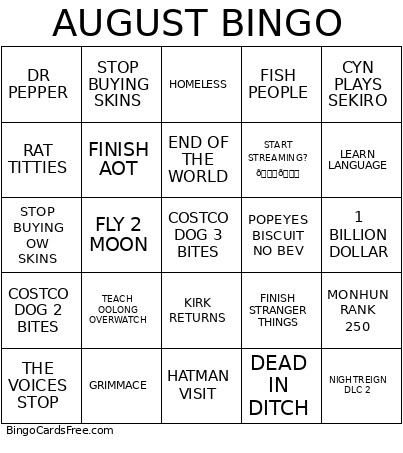 AUGUST Bingo Card