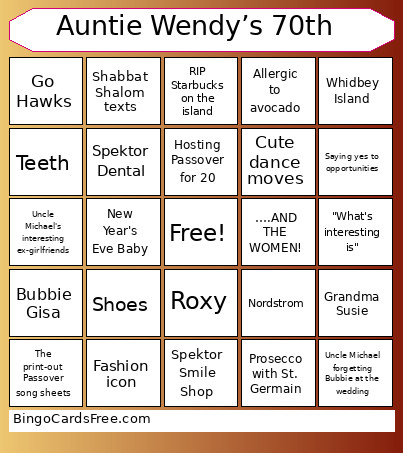 Auntie Wendy’s 70th Bingo Card