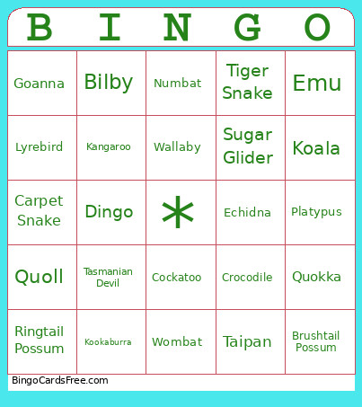 Aus Animals Bingo Card