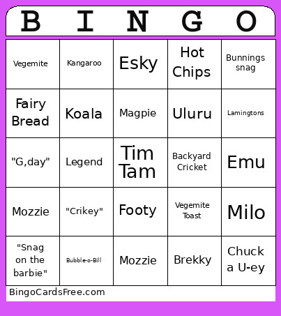 Aussie Bingo Card