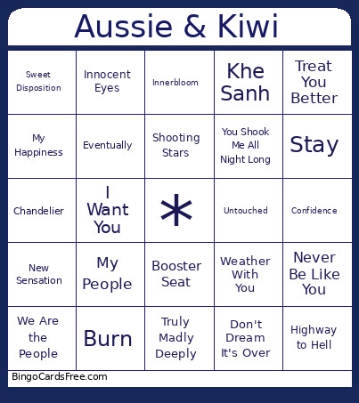 Aussie & Kiwi Bingo Card