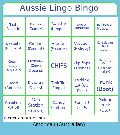 Aussie Lingo Bingo Card