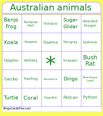 Australia Animals Bingo Card