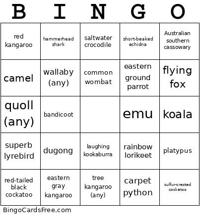Australia Bingo Card
