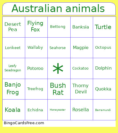 Australian Animals Bingo Card