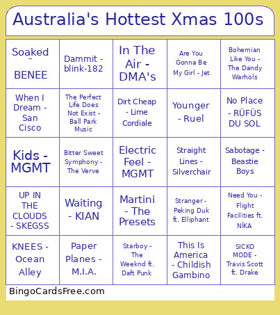 Australia's Hottest Xmas 100s Bingo Card