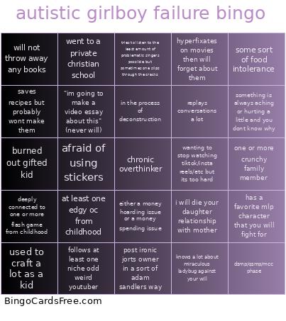 Autistic Girlboy Failure Anti Performative Bingo Card