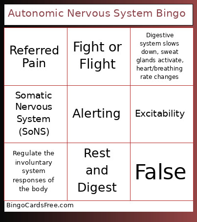 Autonomic Nervous System Bingo Card 3