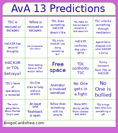 AvA 13 Predictions Bingo Card