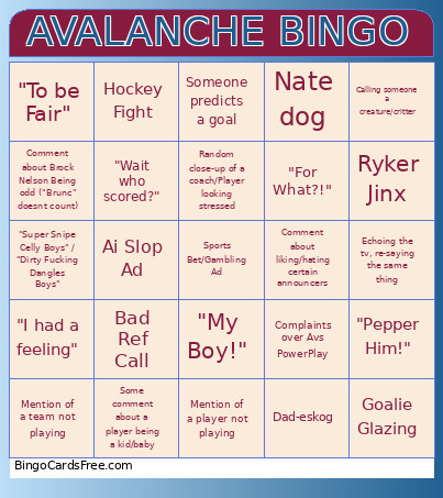 Avalanche Playoff Bingo Card