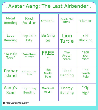 . Avatar Aang: The Last Airbender . Bingo Card