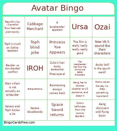 Avatar Bingo Card