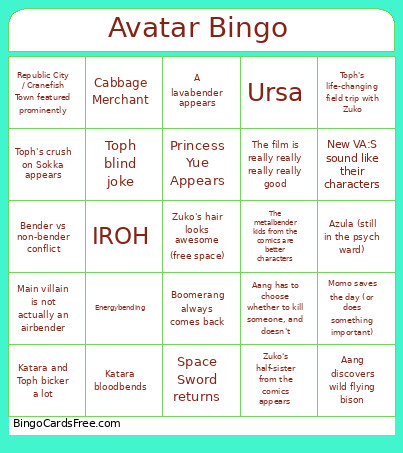 Avatar Bingo Card