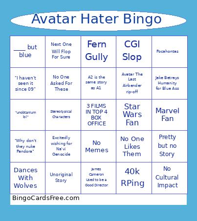 Avatar Hater Bingo Card