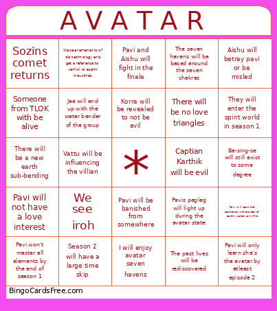 AVATAR SEVEN HAVEN PREDICTION Bingo Card