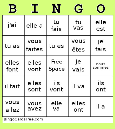 Avoir, Être, Aller, Et Faire Bingo Card