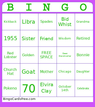 Avonn's 70th Birthday Bingo Card