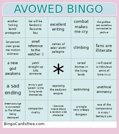 AVOWED Bingo Card