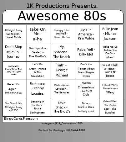 Awesome 80s Bingo Card 2
