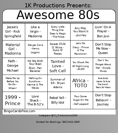 Awesome 80s Bingo Card
