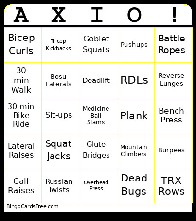 Axio Fitness Bingo Card